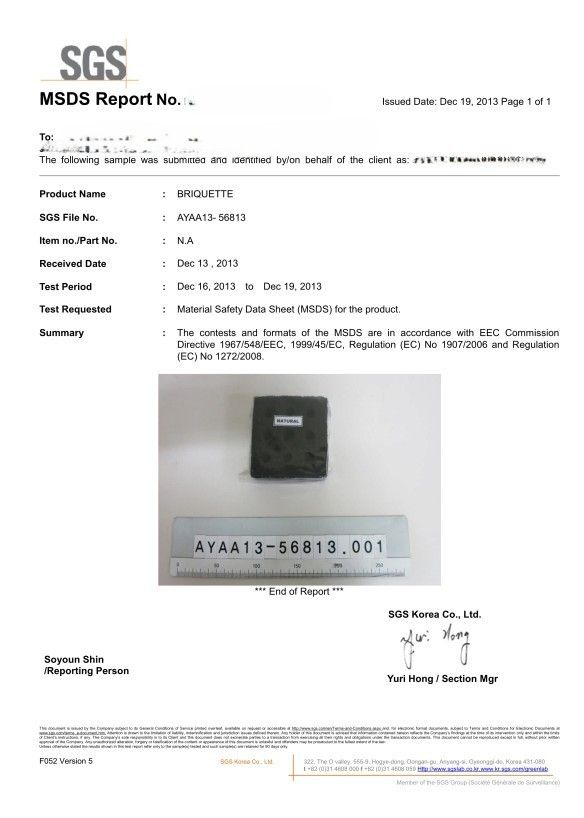 MSDS report issued by SGS Korea Co., Ltd., dated 19 December 2013