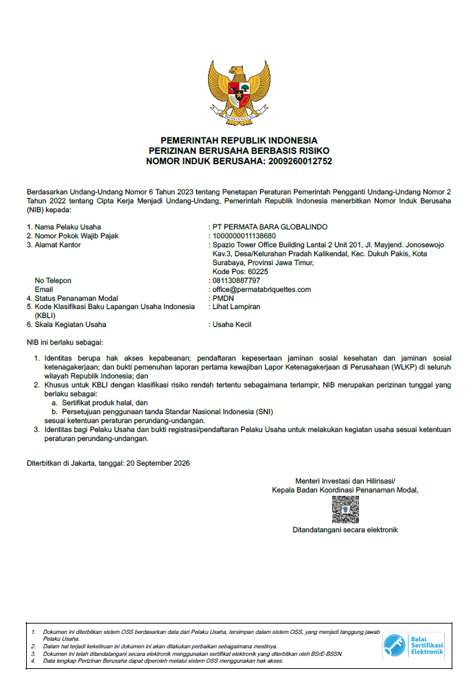 Risk-based business licence (NIB) of PT Permata Bara Globalindo, dated 20 September 2026