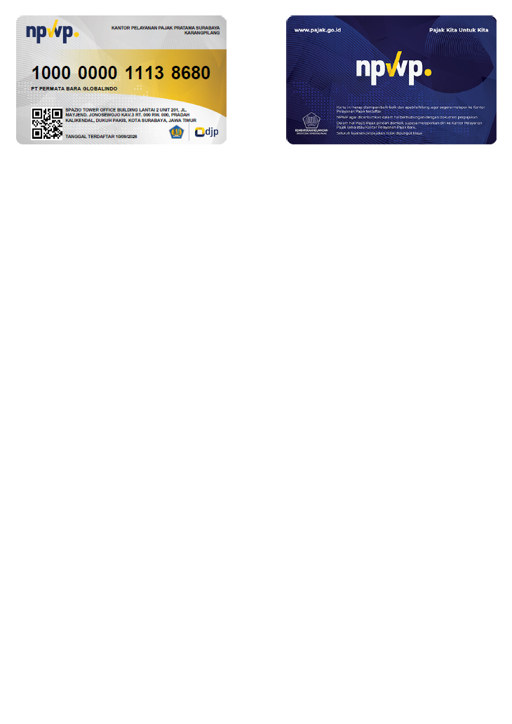 NPWP tax card of PT Permata Bara Globalindo, registered 10 September 2026