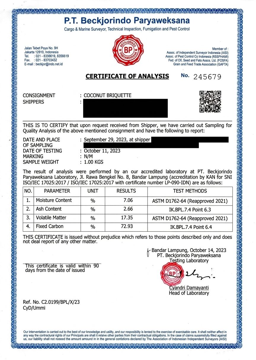 Certificate of Analysis issued by PT Beckjorindo Paryaweksana, dated 14 October 2023