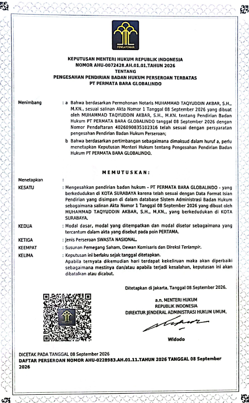 Decree of the Minister of Law approving the establishment of PT Permata Bara Globalindo, dated 8 September 2026